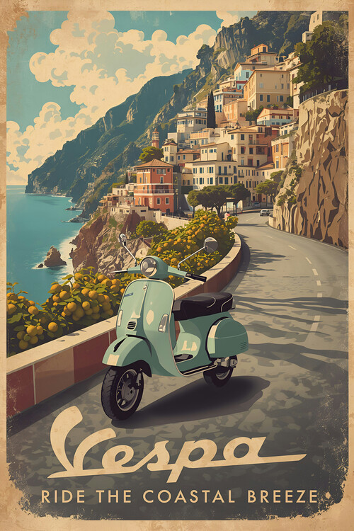 Poster Vespa Amalfi Coast Vintage Poster - Ride the Coastal Breeze