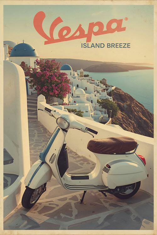Poster Vespa Santorini Vintage Poster – Retro Greek Island Art