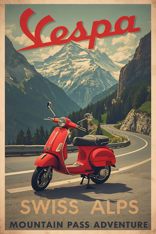 Poster Vespa Swiss Alps Vintage Poster – Retro Mountain Adventure