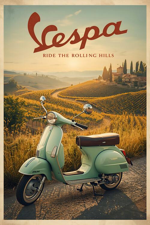 Poster Vespa Tuscany Vintage Poster – Retro Italian Countryside Art