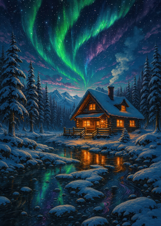 Poster Northern Lights Above a Cozy Winter Cabin