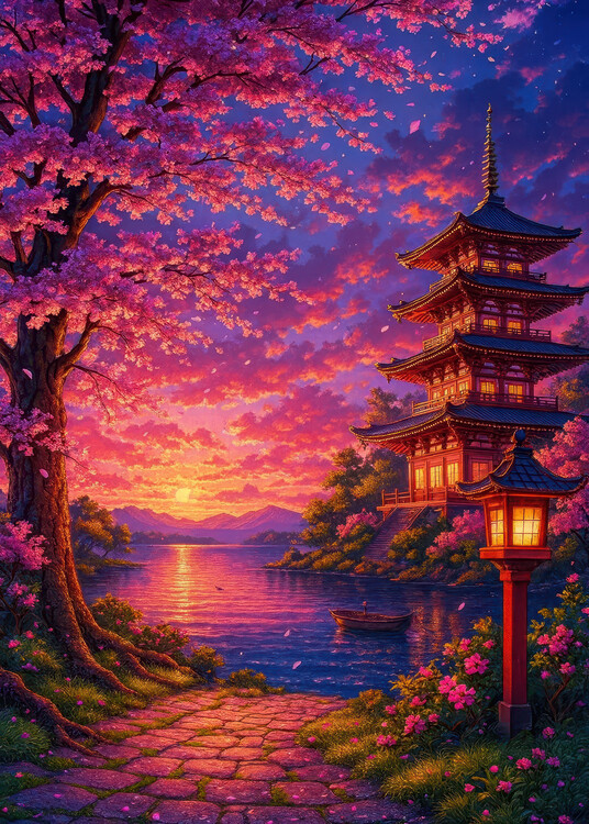 Poster Sunset at the Cherry Blossom Pagoda