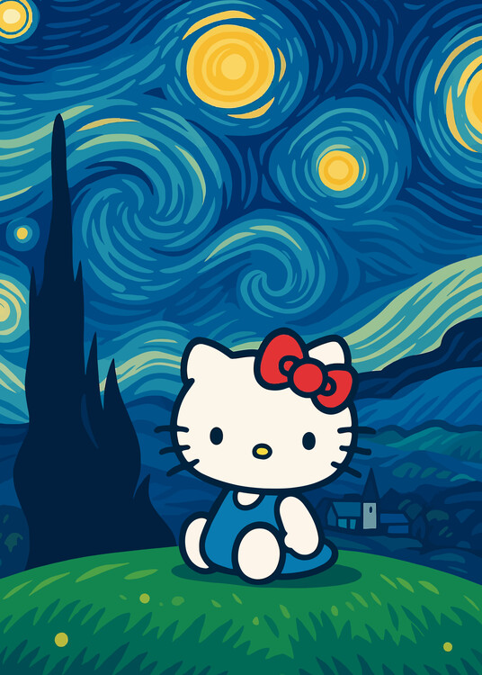 Plakát Kitten starry night van gogh