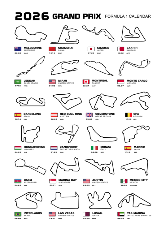 T-shirt Formula 1 Season Calendar 2026