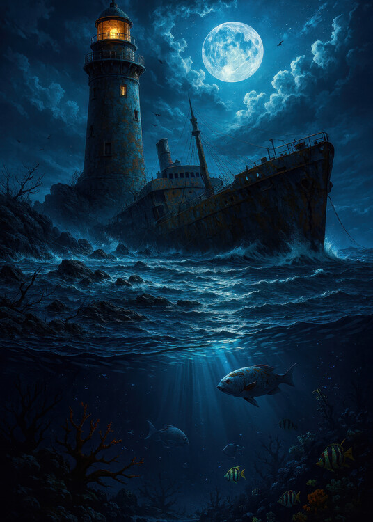 Poster Moonlit Shipwreck by the Haunted Lighthouse