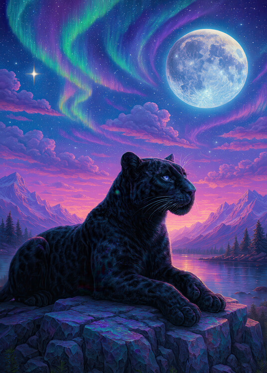 Poster Midnight Panther Under the Aurora Moon