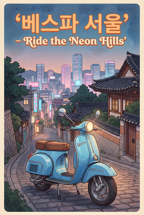 Poster Vespa Seoul Vintage Poster – Retro Neon City Art
