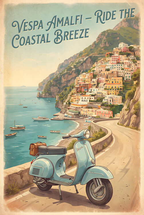 Poster Vintage Vespa Amalfi Coast Poster - Ride the Coast