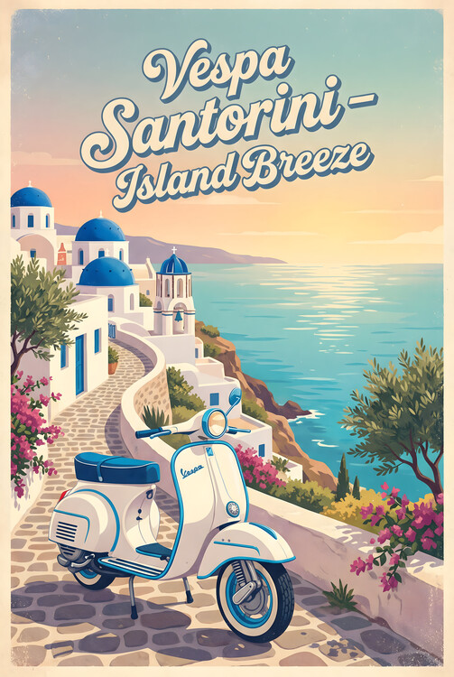 Poster Vespa Santorini Vintage Poster – Retro Greek Island Art