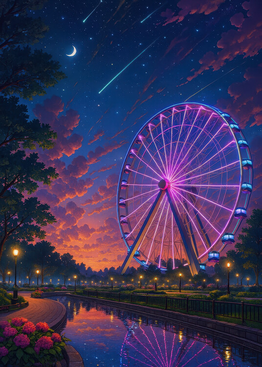 Poster Midnight Ferris Wheel Under the Shooting Stars