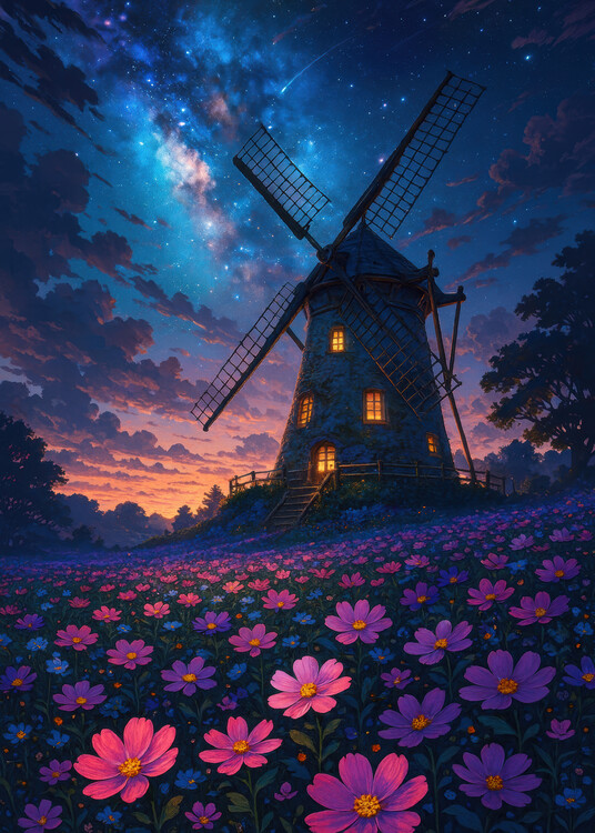 Poster Midnight Windmill Over the Flower Fields
