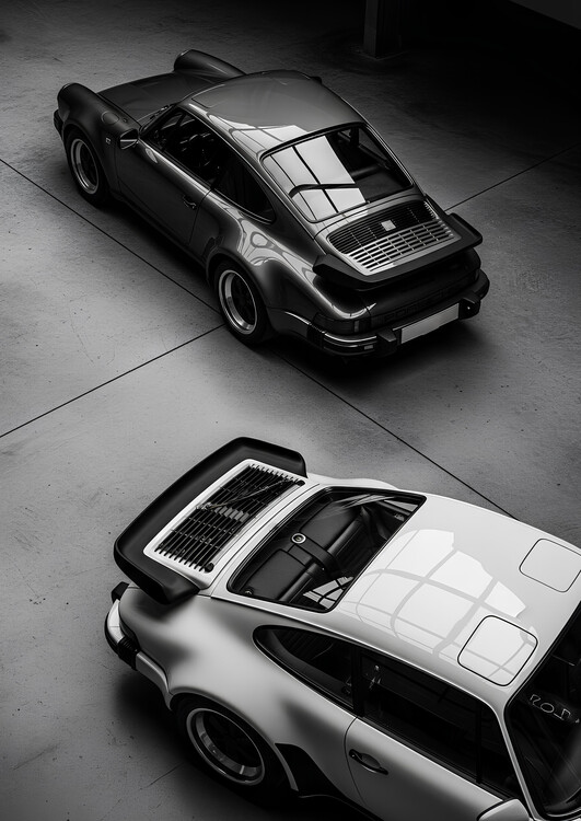 Плакат Two Classic Porsche 911s In A Industrial Garage