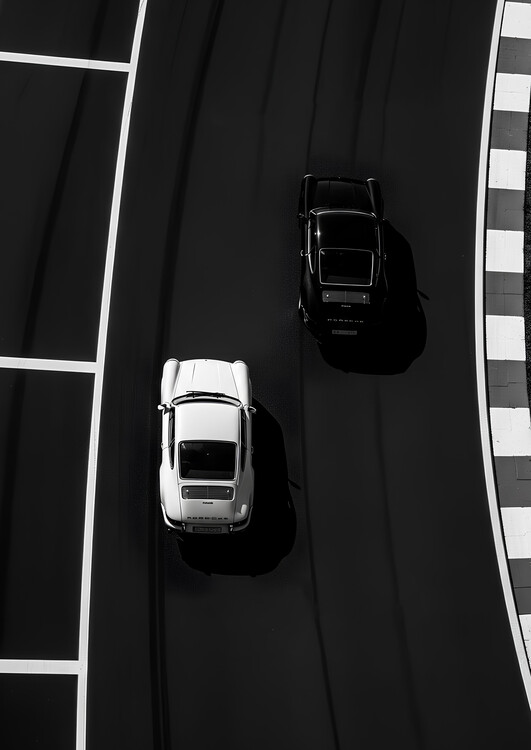 Плакат Two classic Porsche 911s navigating a sweeping racetrack