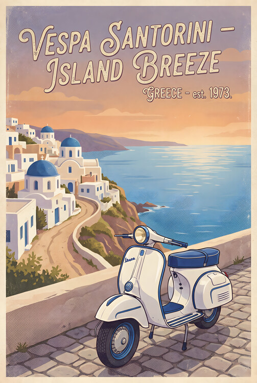 Poster Vespa Santorini Vintage Poster – Island Breeze