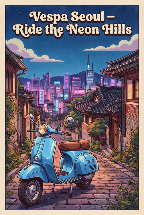 Poster Vespa Seoul Vintage Poster – Neon Night Hillside