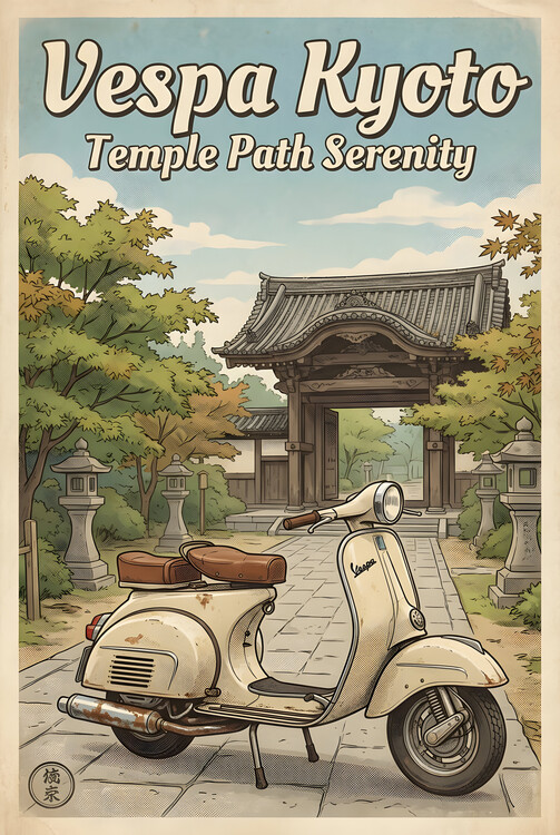 Poster Vespa Kyoto Vintage Poster – Retro Japanese Temple Art