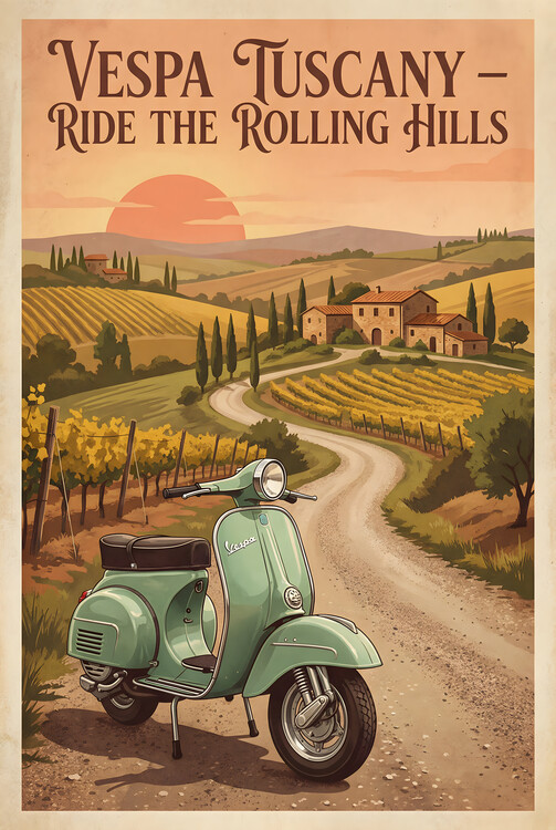 Poster Vespa Tuscany Vintage Poster – Rolling Hills Escape