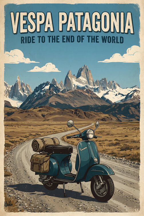 Poster Vespa Patagonia Vintage Poster – Retro Mountain Expedition