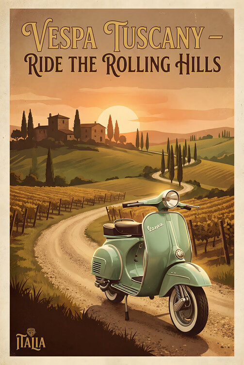 Poster Vespa Tuscany Vintage Poster – Retro Italian Countryside Art