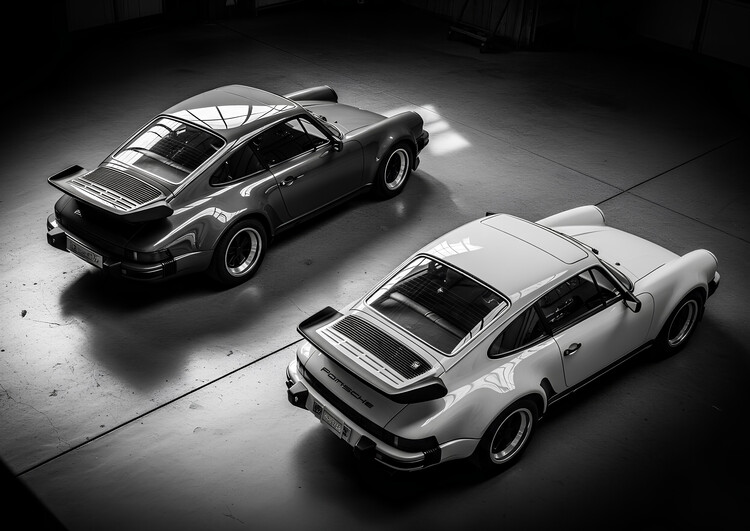 Плакат a monochrome tribute to Two Porsche 911 Turbos