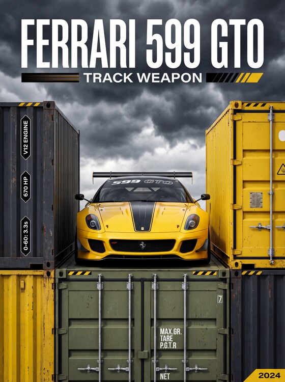 Плакат Ferrari 599 GTO: 670HP V12 Track Weapon in Industrial Yellow