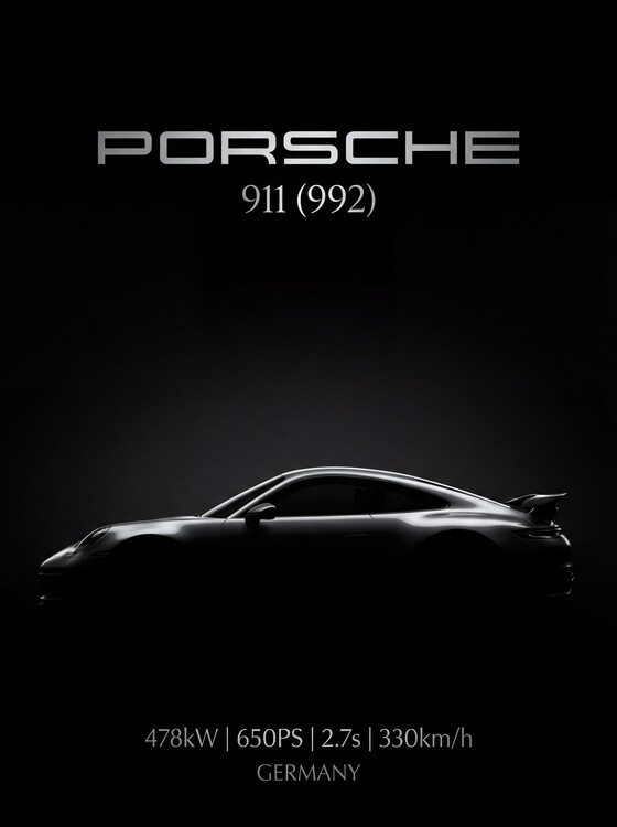 Плакат Porsche 911 (992) German Engineering Icon in Shadow Profile