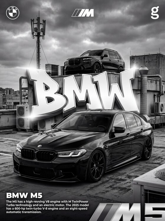 Плакат BMW M5 — 600 HP. Twin-Turbo V8. The Ultimate Sedan. Period.