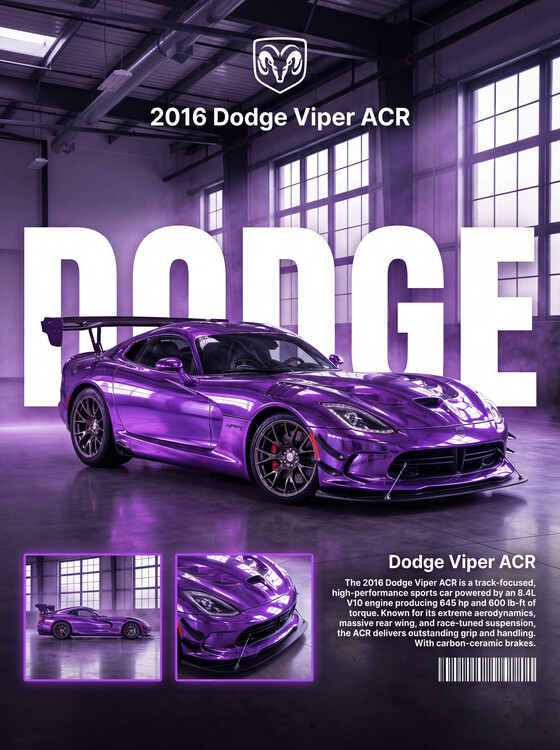 Плакат Dodge Viper ACR — Purple Fury Track-Tuned Unapologetic.