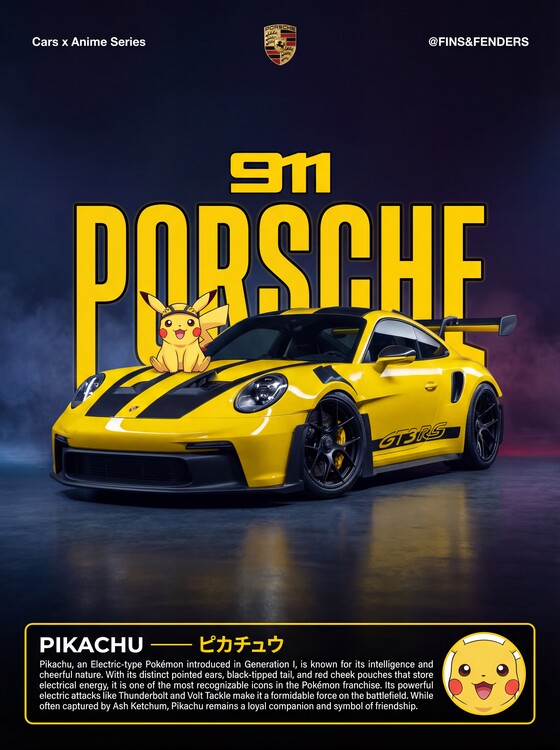 Plakát Porsche 911 GT3 RS x Pikachu — Yellow. Fast. Iconic.