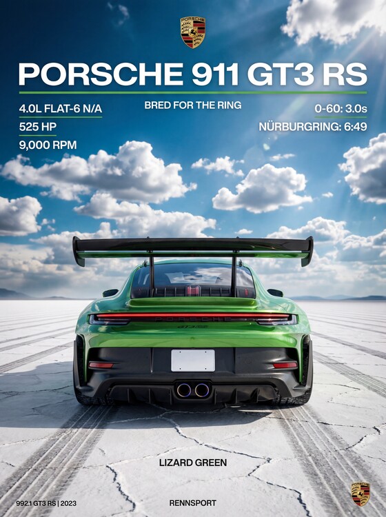 Плакат Porsche 911 GT3 RS — Lizard Green. Bred for the Ring