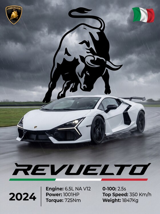 Poster Lamborghini Revuelto — 2024. 1001 HP. Born in the Storm.