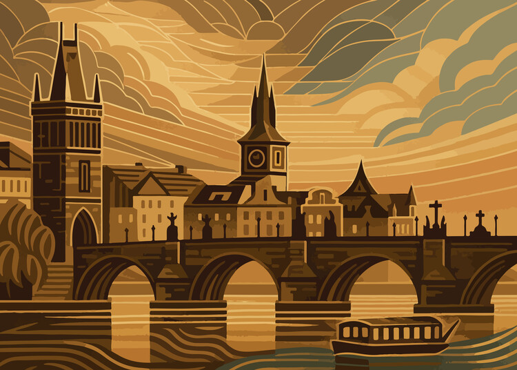Poster Art Deco Prague Wall Art – Charles Bridge Sunset Illustratio