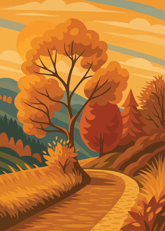 Poster Autumn Pathway – Warm Sunset Landscape Illustration, Cozy Fa