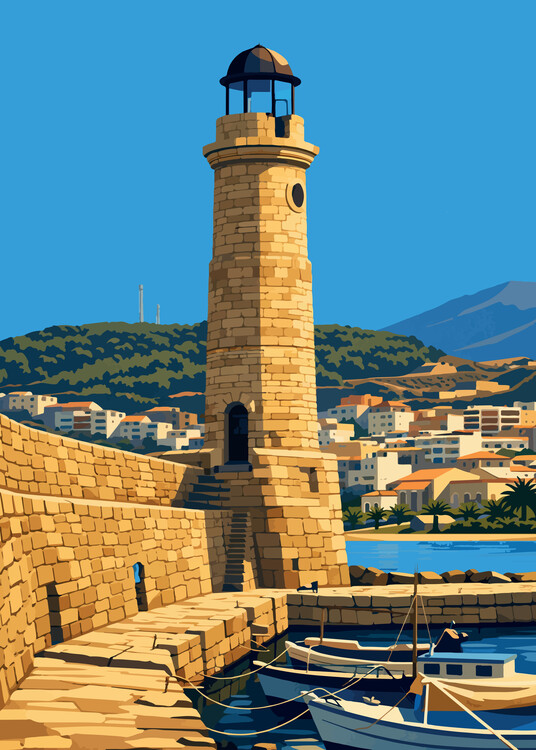 Poster Greece - Rerthymon Lighthouse - Mediterranean Coastal Art Pr