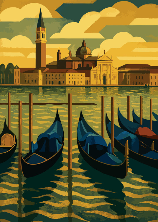Poster Italy - Art Deco Venice Illustration – Gondolas & San Giorgi