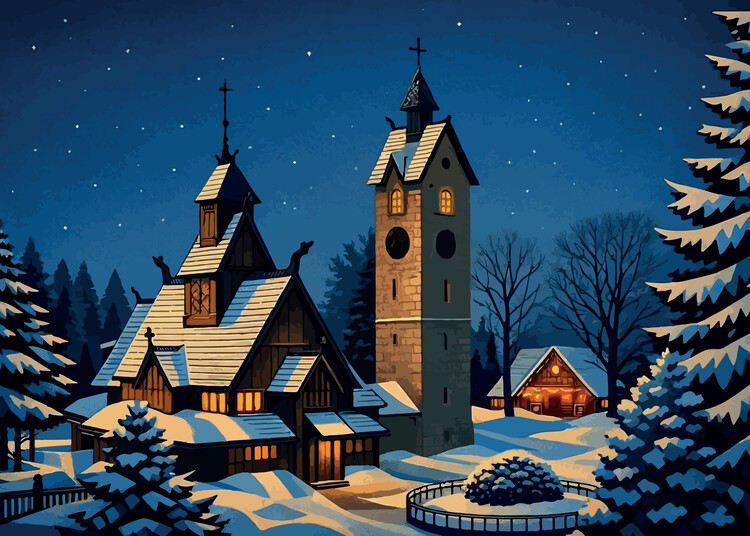 Poster Winter Night Scene of Wang Church in Karpacz, Poland – Snowy