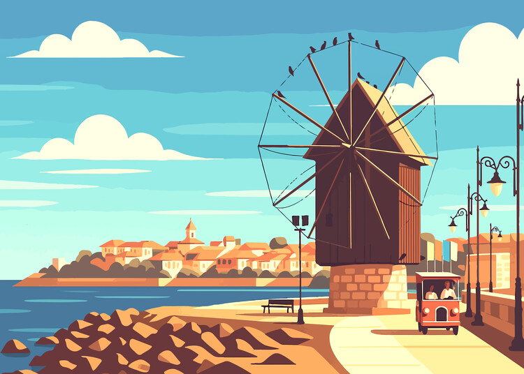 Poster Nesebar Coastal Windmill Art Print – Bulgaria Seaside Town