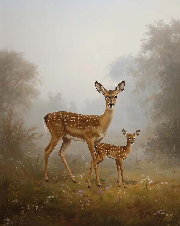 Poster Roe Deer with her baby in a misty meadow