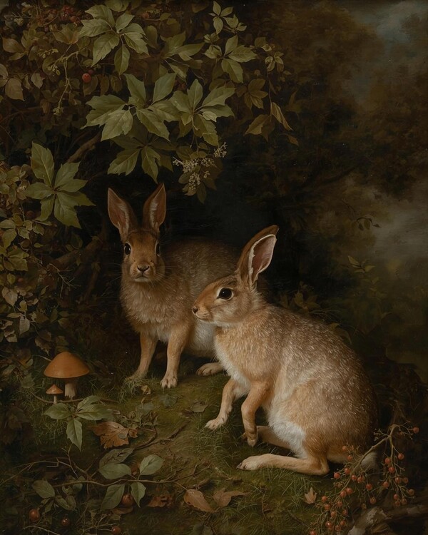 Poster Hares hiding in a forest