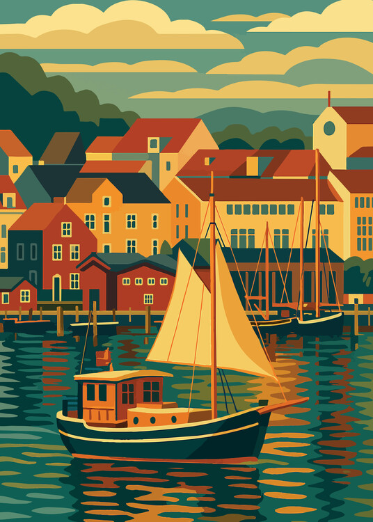 Poster Germany - Flensburg Sailboat Scene - Retro Art Deco