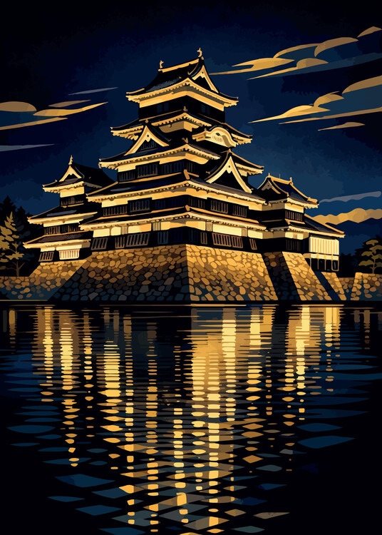 Poster Japan - Golden Night at Matsumoto Castle - Illuminated
