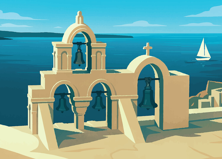 Poster Greece - Santorini Bell Tower Coastal Print - Greek Island