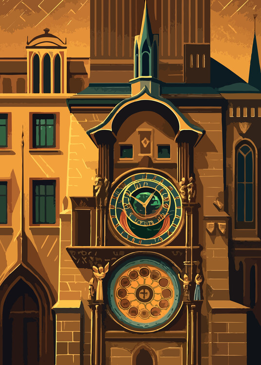 Poster Prague Astronomical Clock - Orloj - Art Deco Wall Art Print