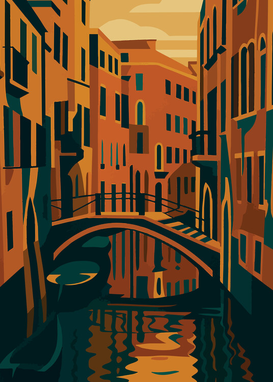 Poster Italy - Art Deco Venice Canal at Sunset - retro