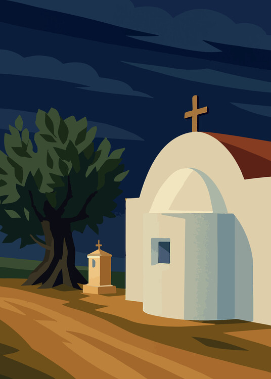 Poster Greek Chapel Wall Art - retro Landscape Print