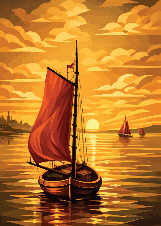Poster Boat Red Sails at Golden Hour - art deco Art Print