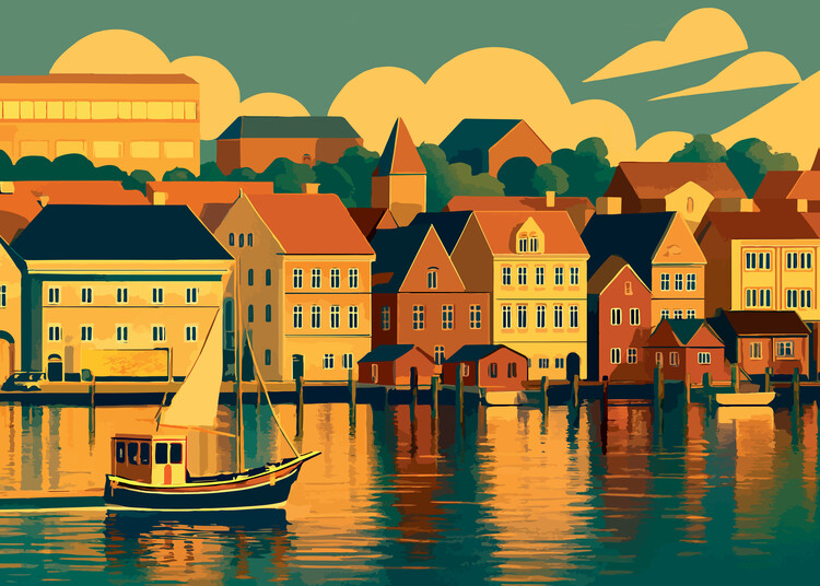 Poster Germany - Flensburg - Colorful Harbor Scene - Art Print retr