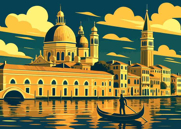 Poster Italy - Venice Skyline - Architectural Art Print with Gondol