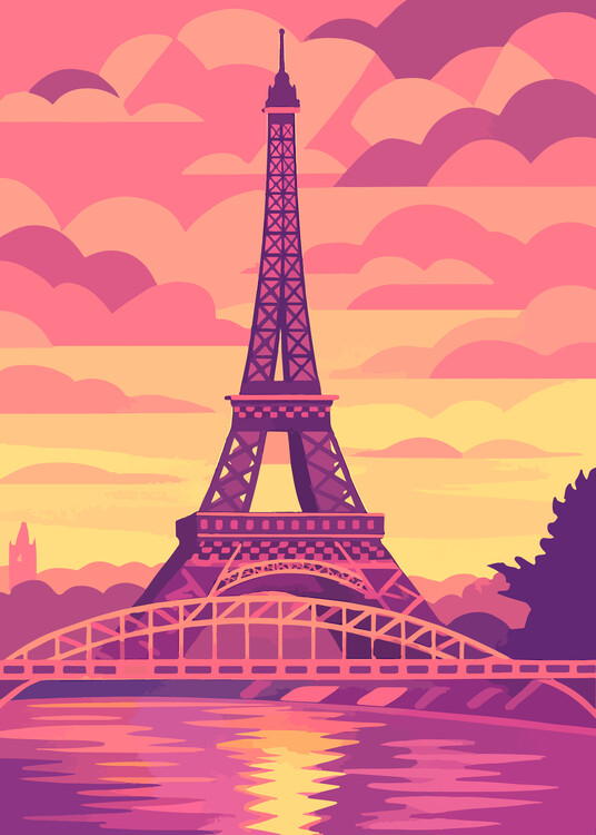 Poster France - Paris Dreamscape Vibrant Eiffel Tower Sunset retro