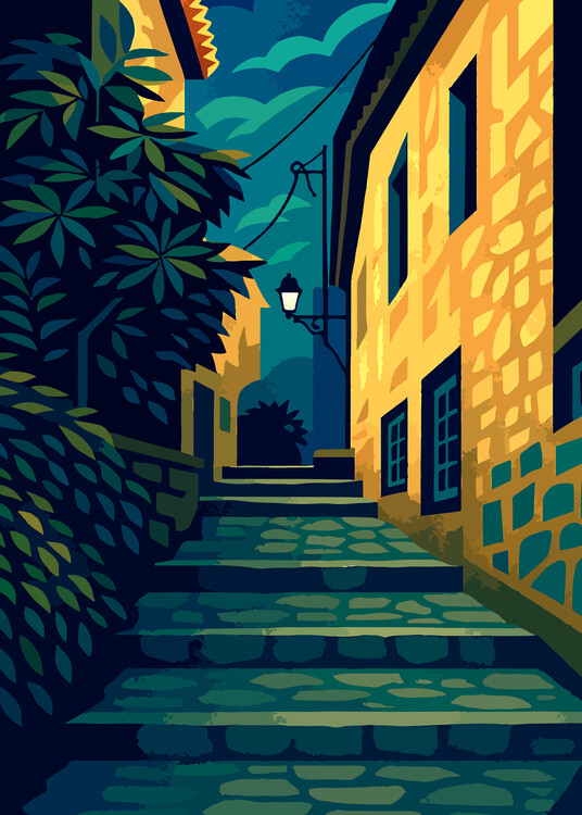 Poster Tossa de Mar Spain  Stylized Mediterranean Alleyway Art deco